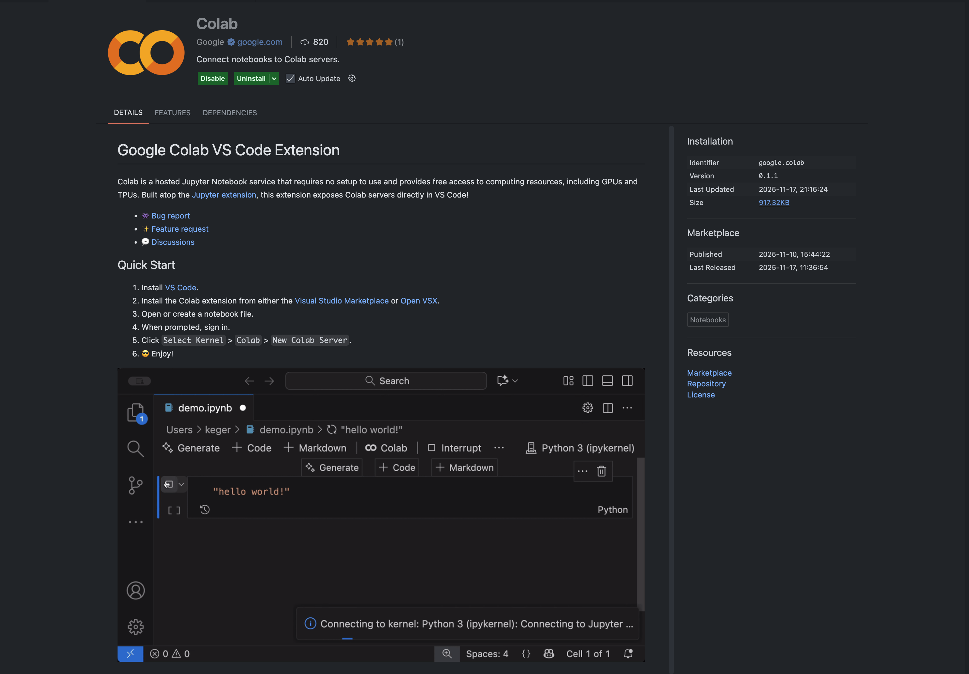 Colab Extension Details