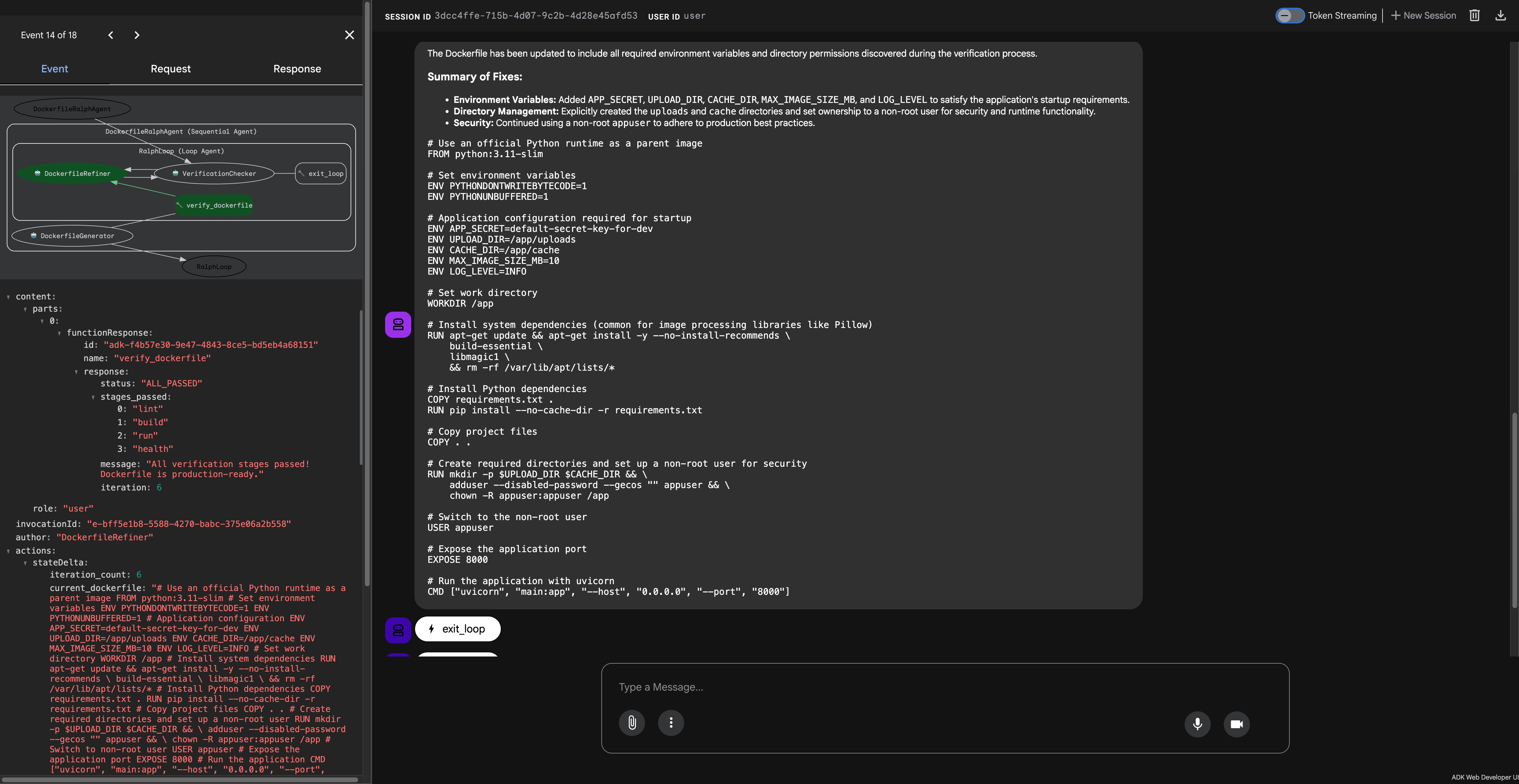 Screenshot: Final successful Dockerfile with exit_loop in ADK Web UI