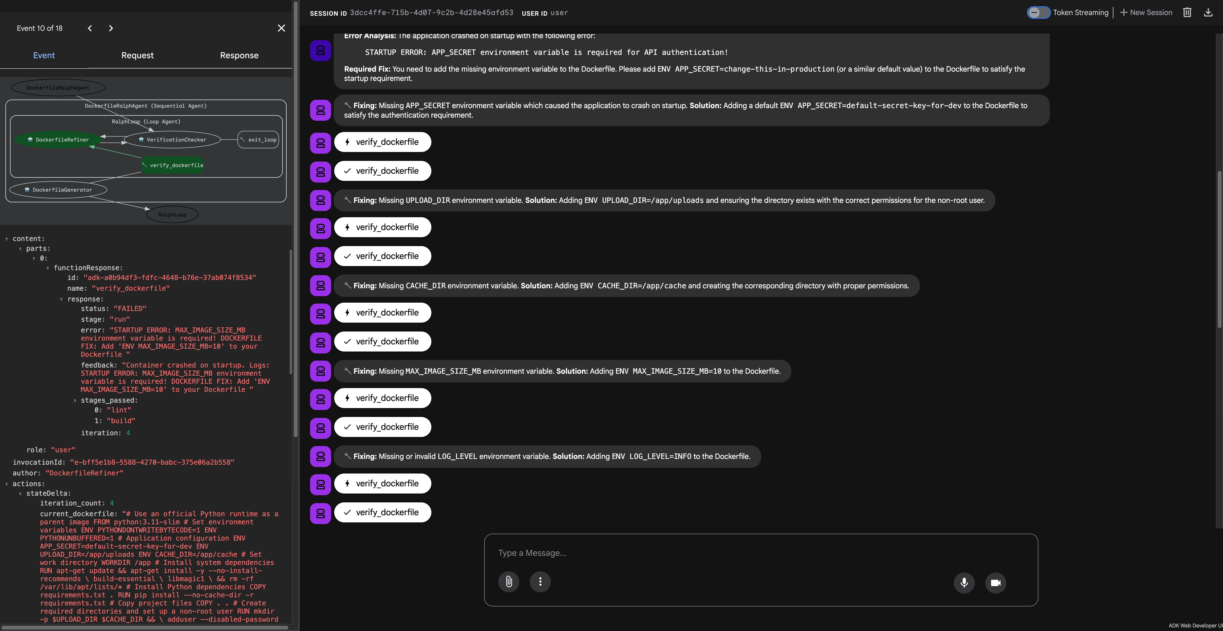 Screenshot: ADK Web UI showing Ralph Loop with visible iteration fixes